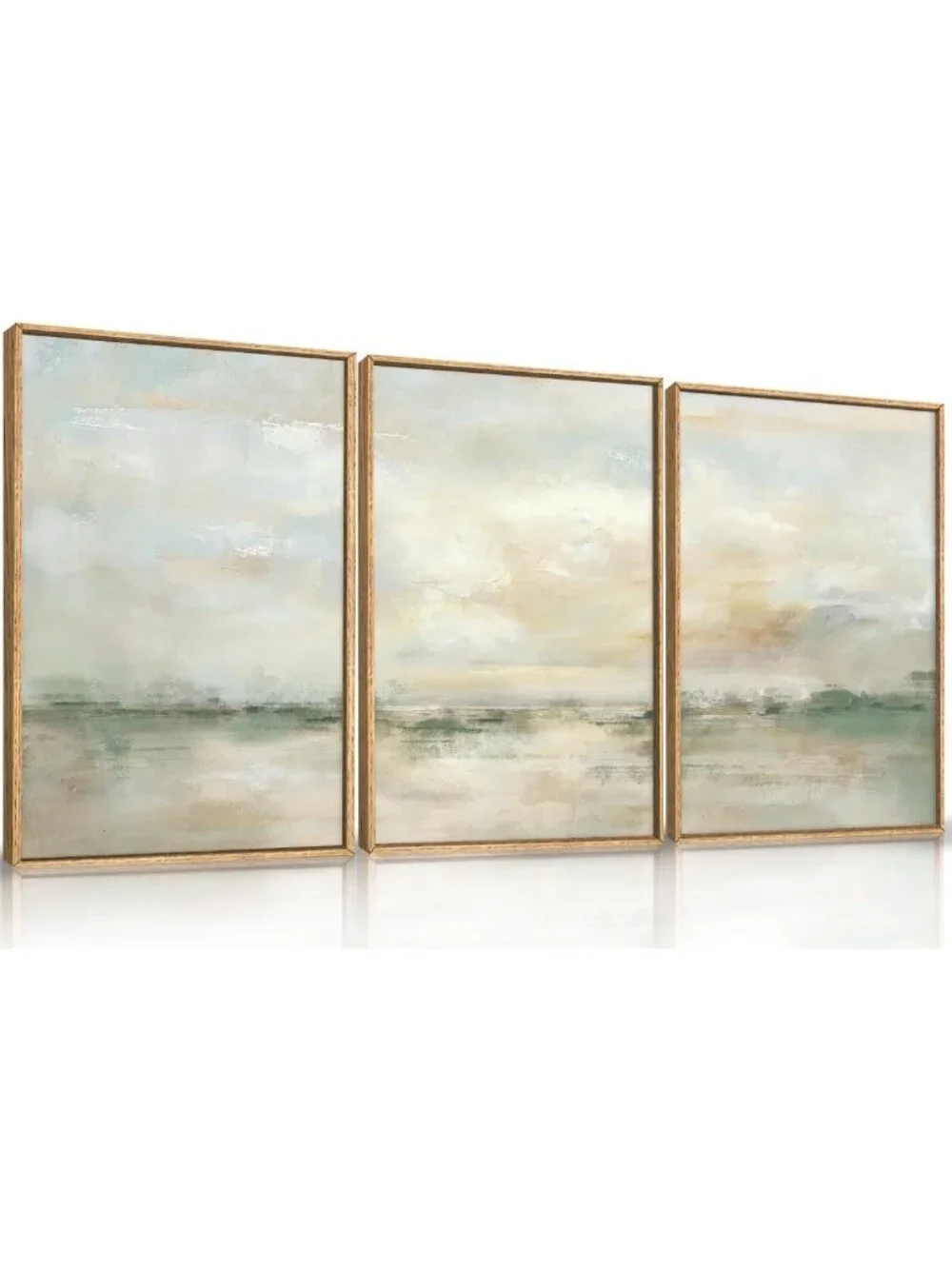 Large Abstract Green Gray Pastel Framed Canvas Art - Modern Watercolor Landscape